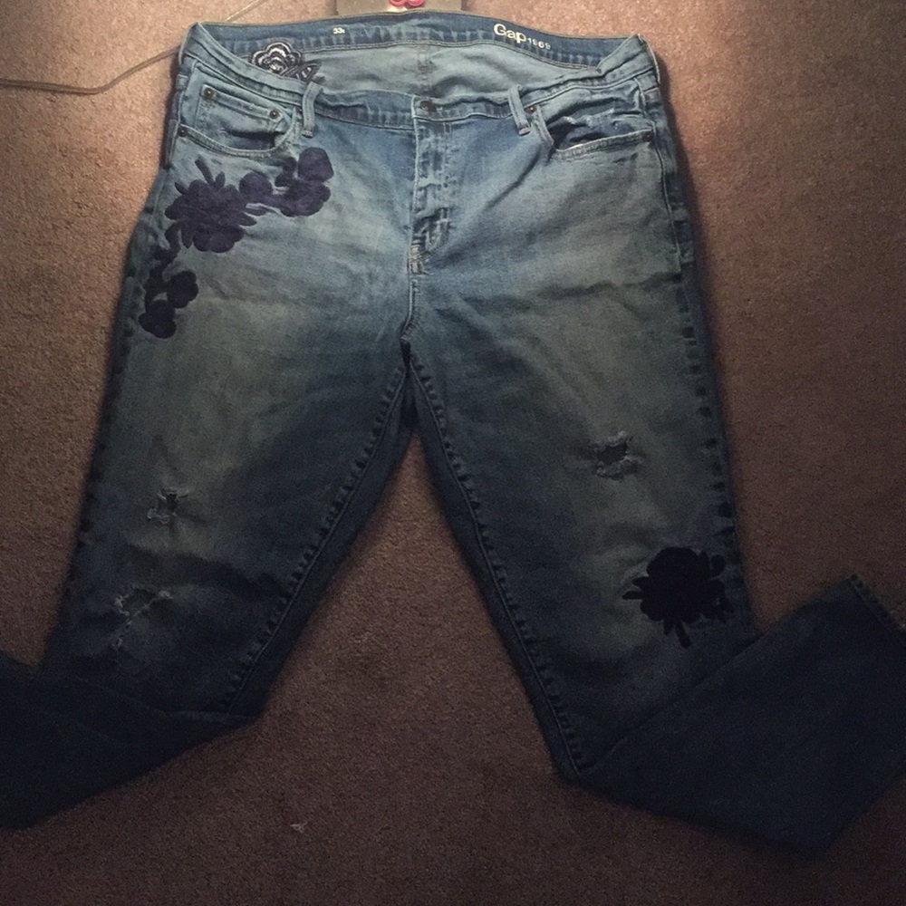 Gap destructed jean with embroidery.